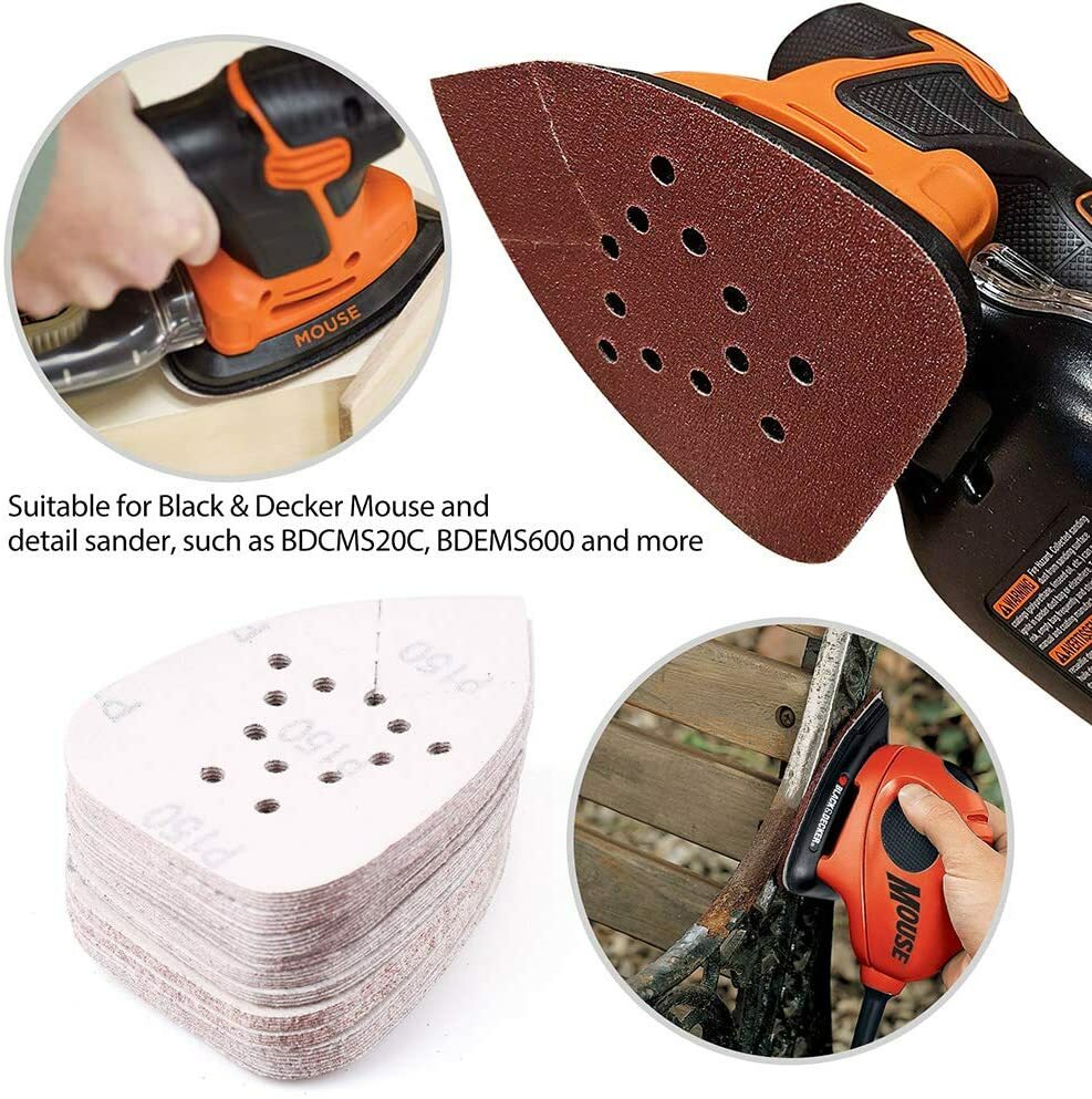 50PCS Mouse Detail Sanding Pads Hook Loop Sandpaper 60-220 Grit for Black+Decker