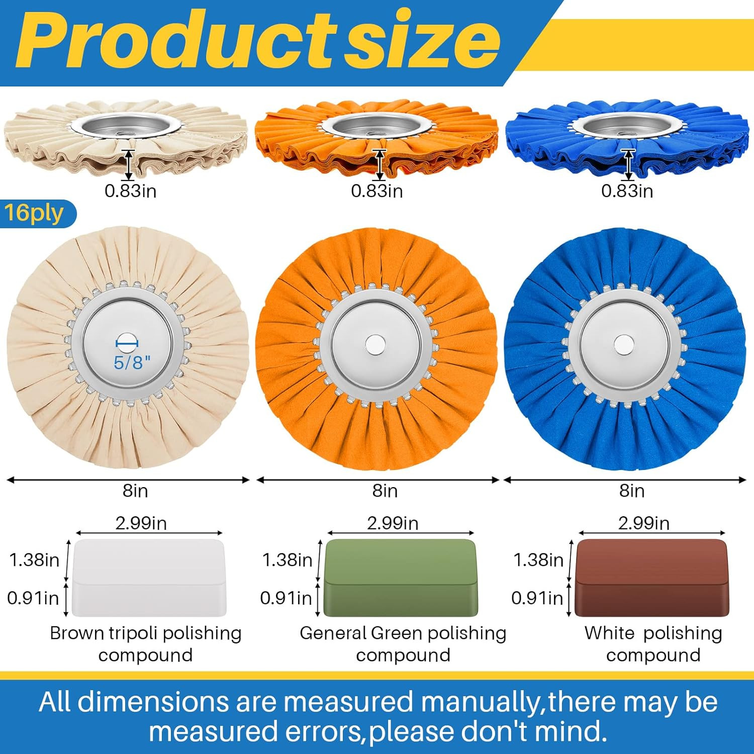 7 Pcs 8″ Airway Buffing Wheel Kit in Diameter 5/8″ in Arbor Hole, Aluminum Metal
