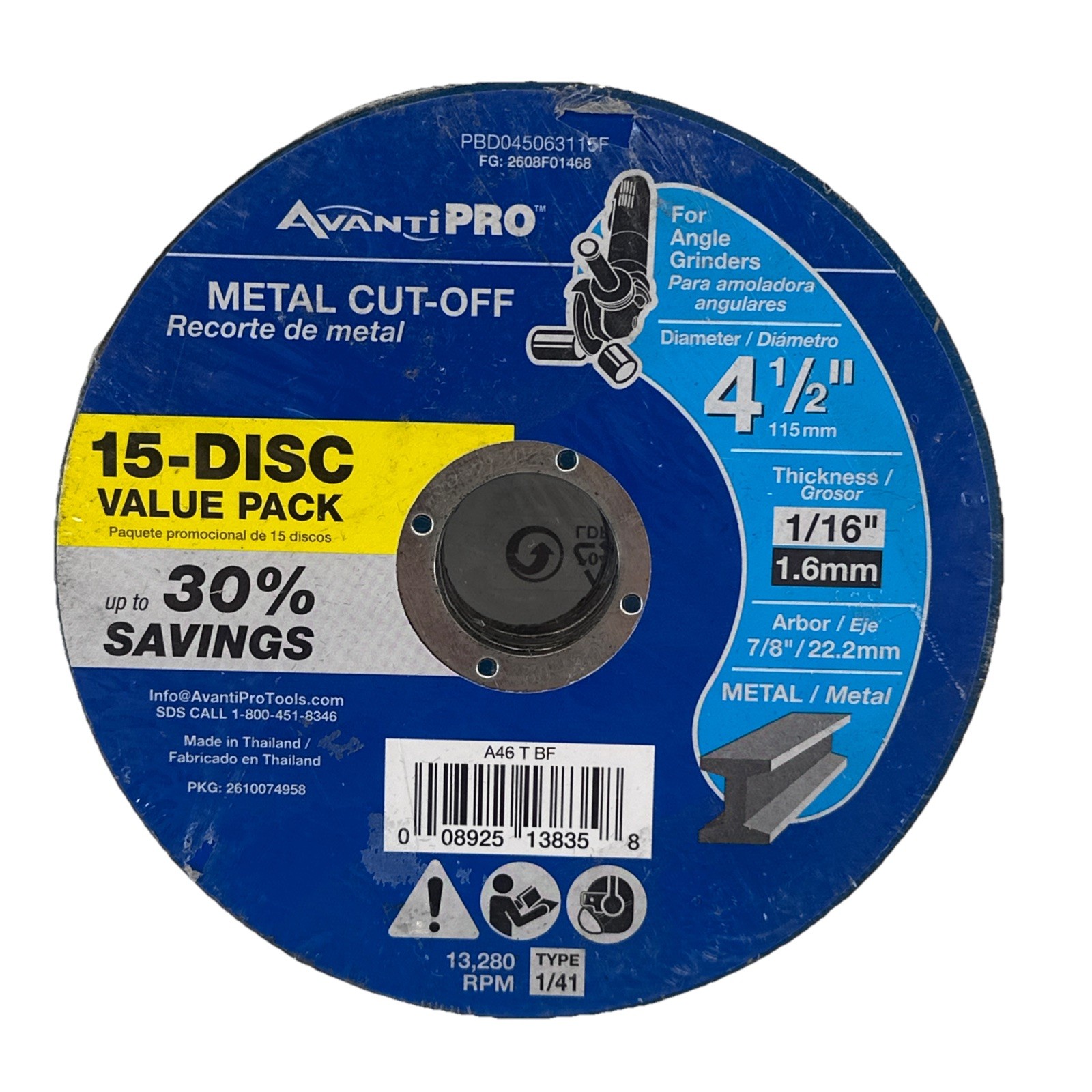 4.5″ METAL CUT-OFF DISCS 15 PACK AVANTIPRO PBD045063115F 1/16” W/ 7/8” Arbor