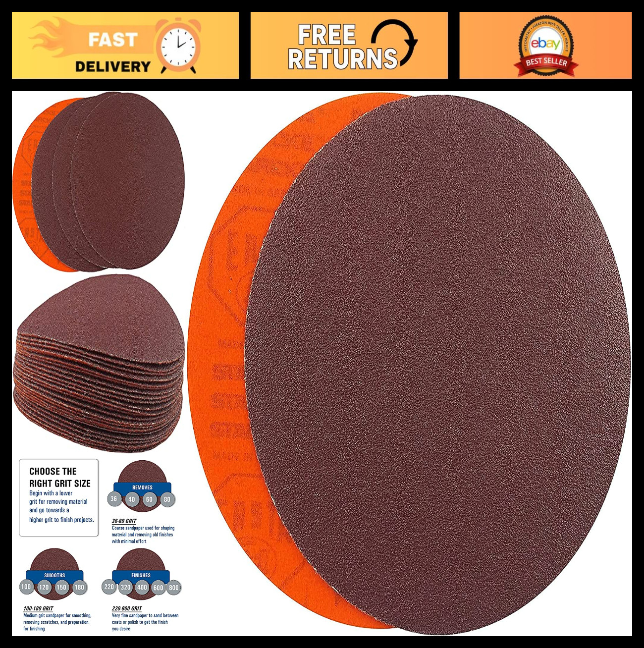 8″ Hook and Loop Sanding Discs, 36 Grit Sandpaper for Wood, Metal & Plastics – 2