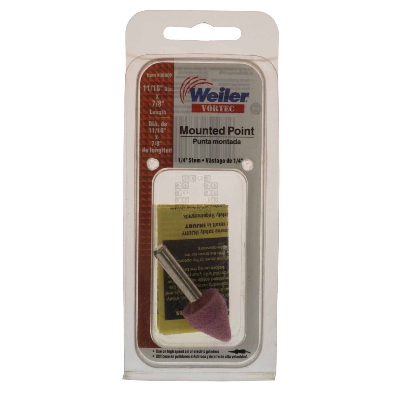 Weiler 36802 11/16″ x 7/8″ A14 Mounted Point Abrasive Wheel, 1/4″ Straight Stem