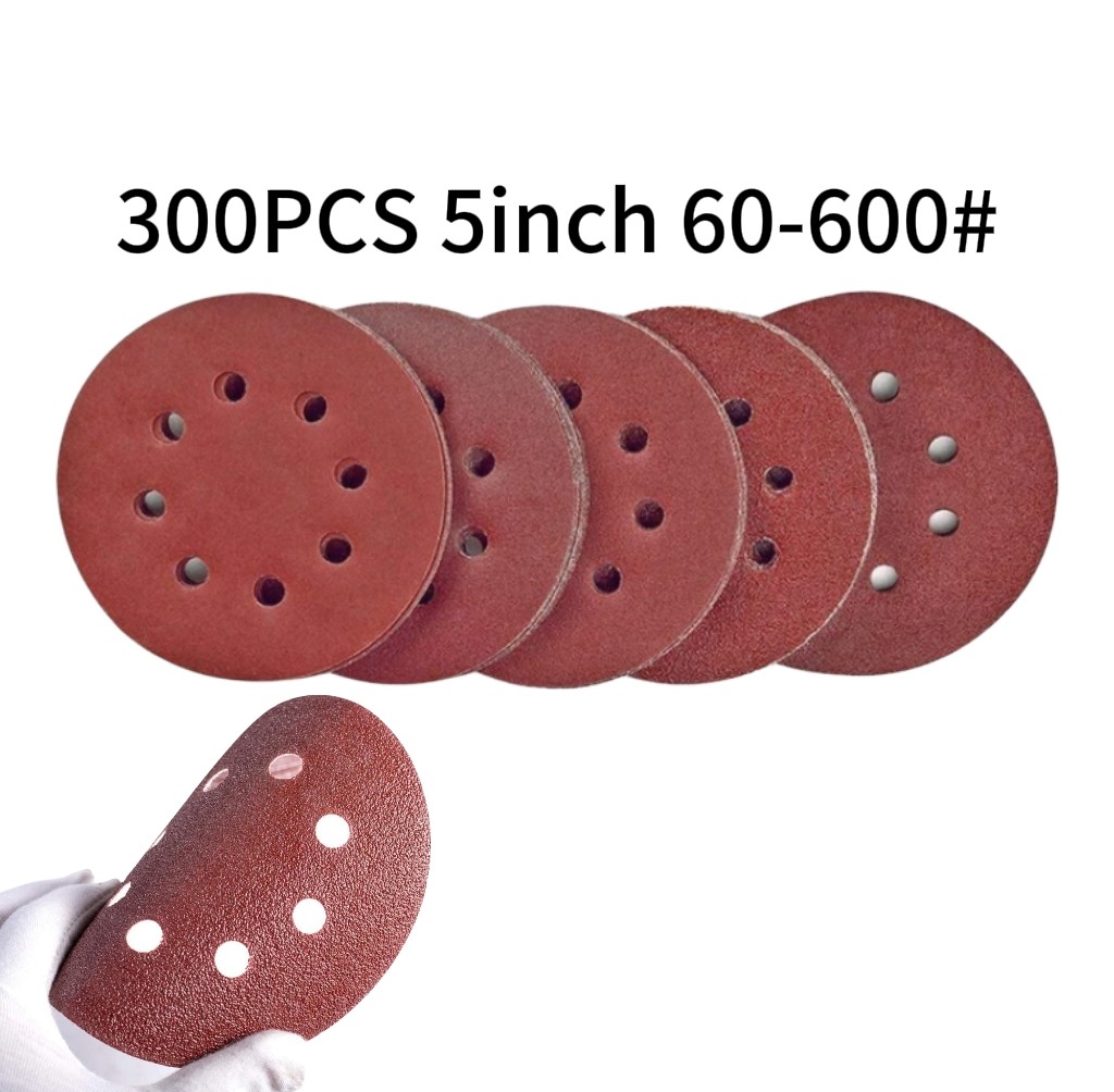 300PCS 5 Inch 8-Hole Sanding Discs Hook and Loop Multi-Grit 60-600 Assorted