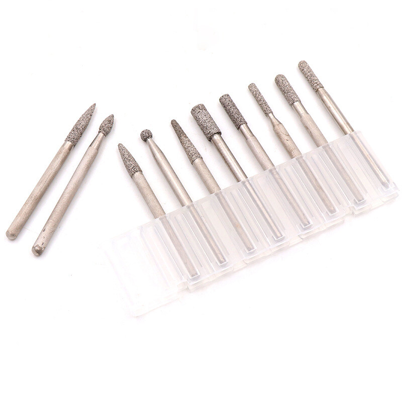 10pcs/set 3mm Shank Brazed Diamond Grinding Heads Burr Drill Bits Carving Tool