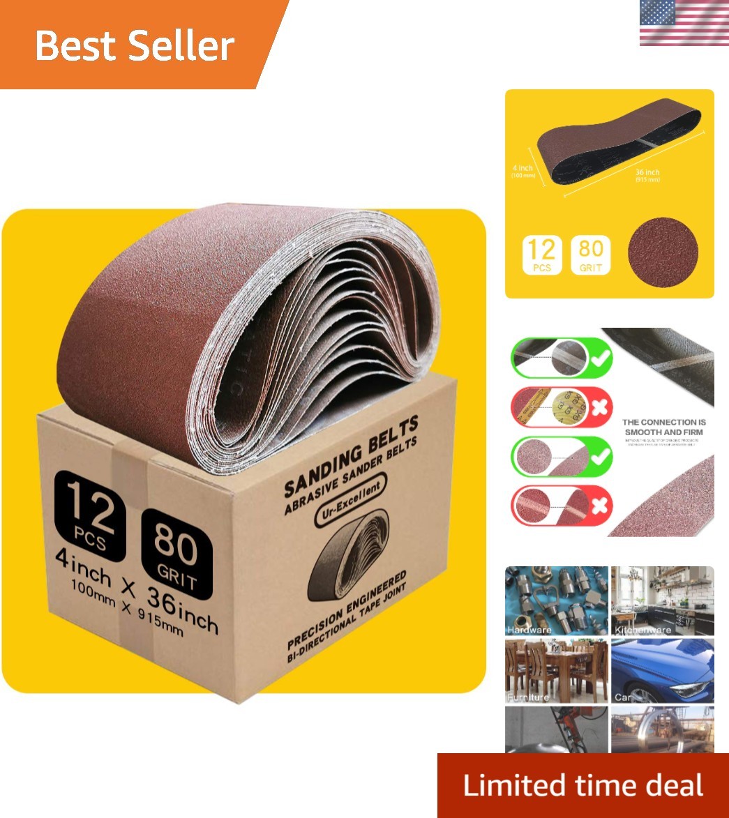 4 x 36 Inch 80 Grit Aluminum Oxide Sanding Belt – 12 Pack of Sandpaper