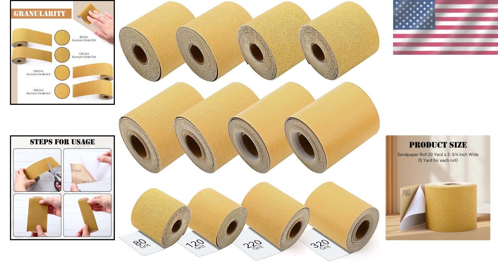 Sandpaper Roll Kit 8pcs 80 120 220 320 Grit Continuous Self-Adhesive Sandpaper