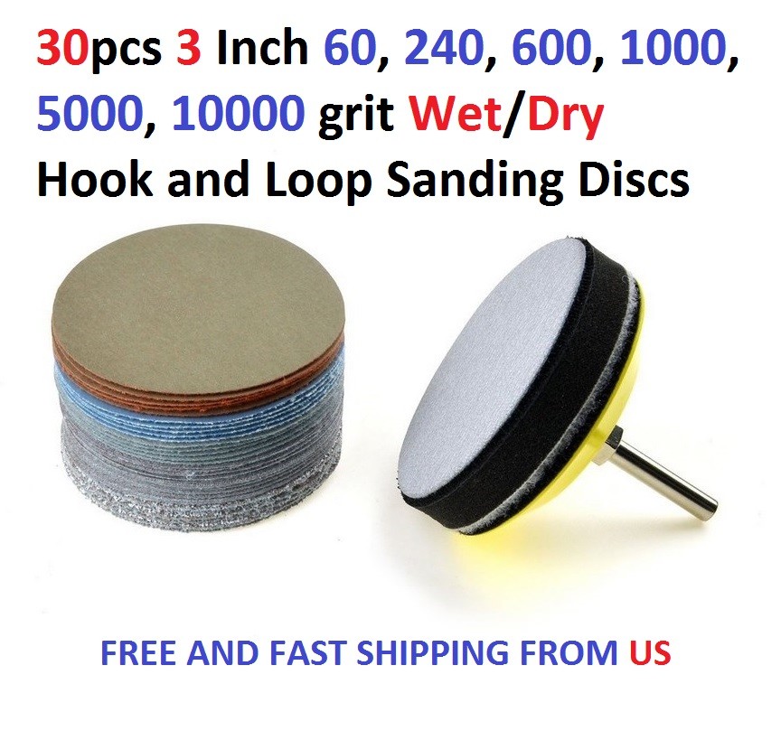 30pcs 3 Inch 60,240,600,1000,5000,10000 grit Wet/Dry Hook and Loop Sanding Discs