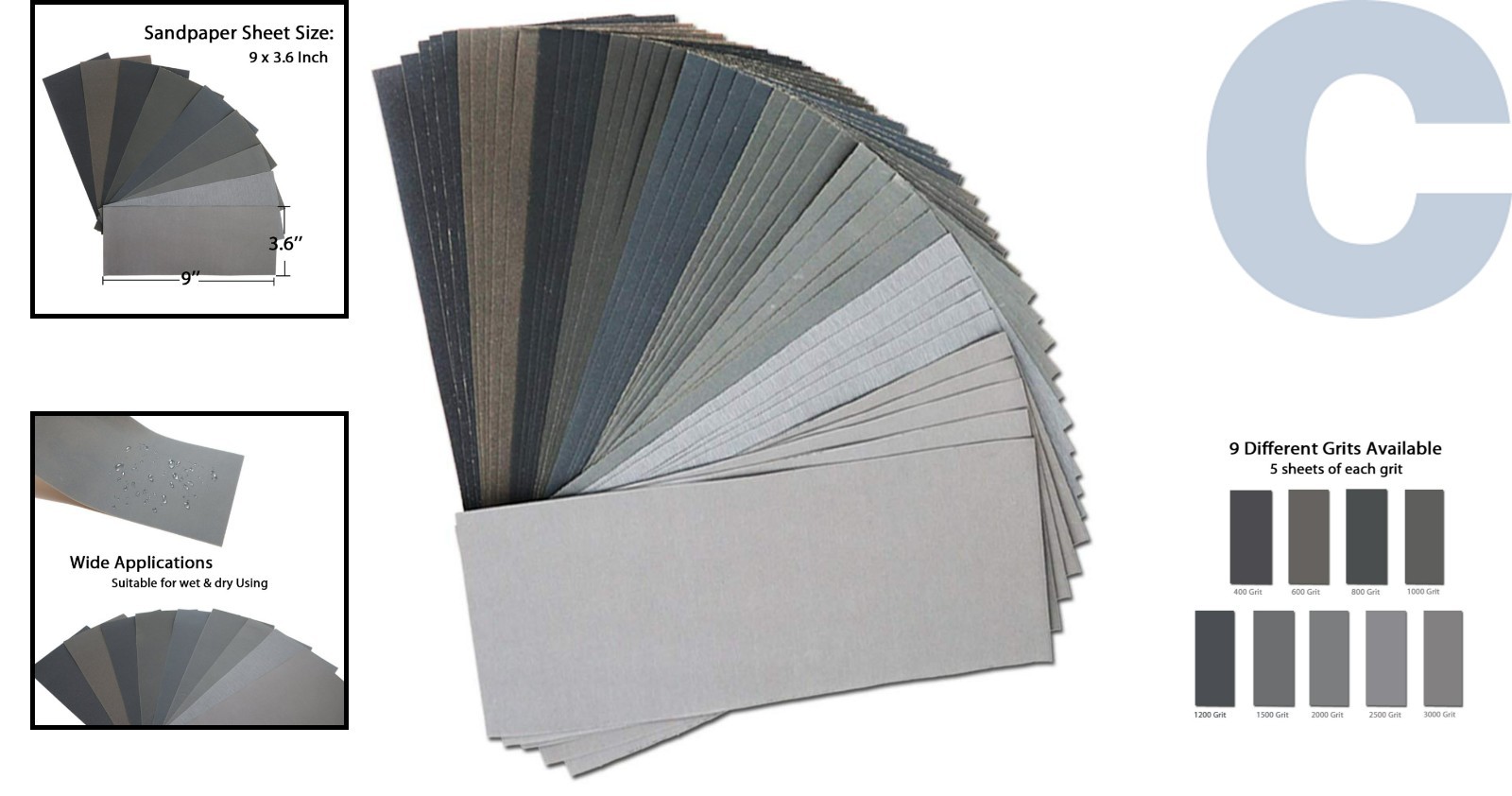 45 Count 9×3.6 Inch Assorted Sanding Sheets for Wood, Metal & Auto Finishing