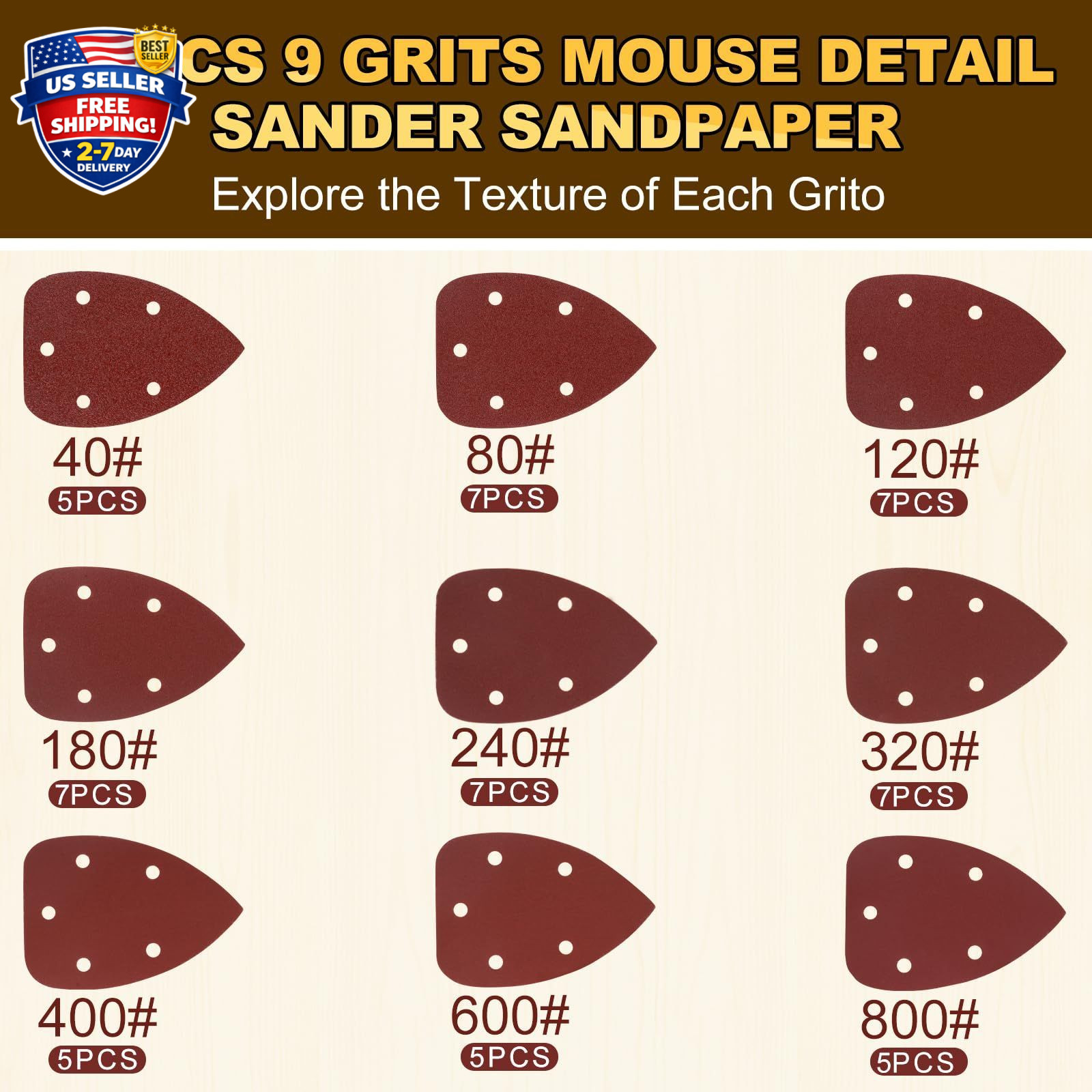 55pcs Mouse Detail Sander Sandpaper Premium Triangle Sanding Pads 9 Grits 40-800