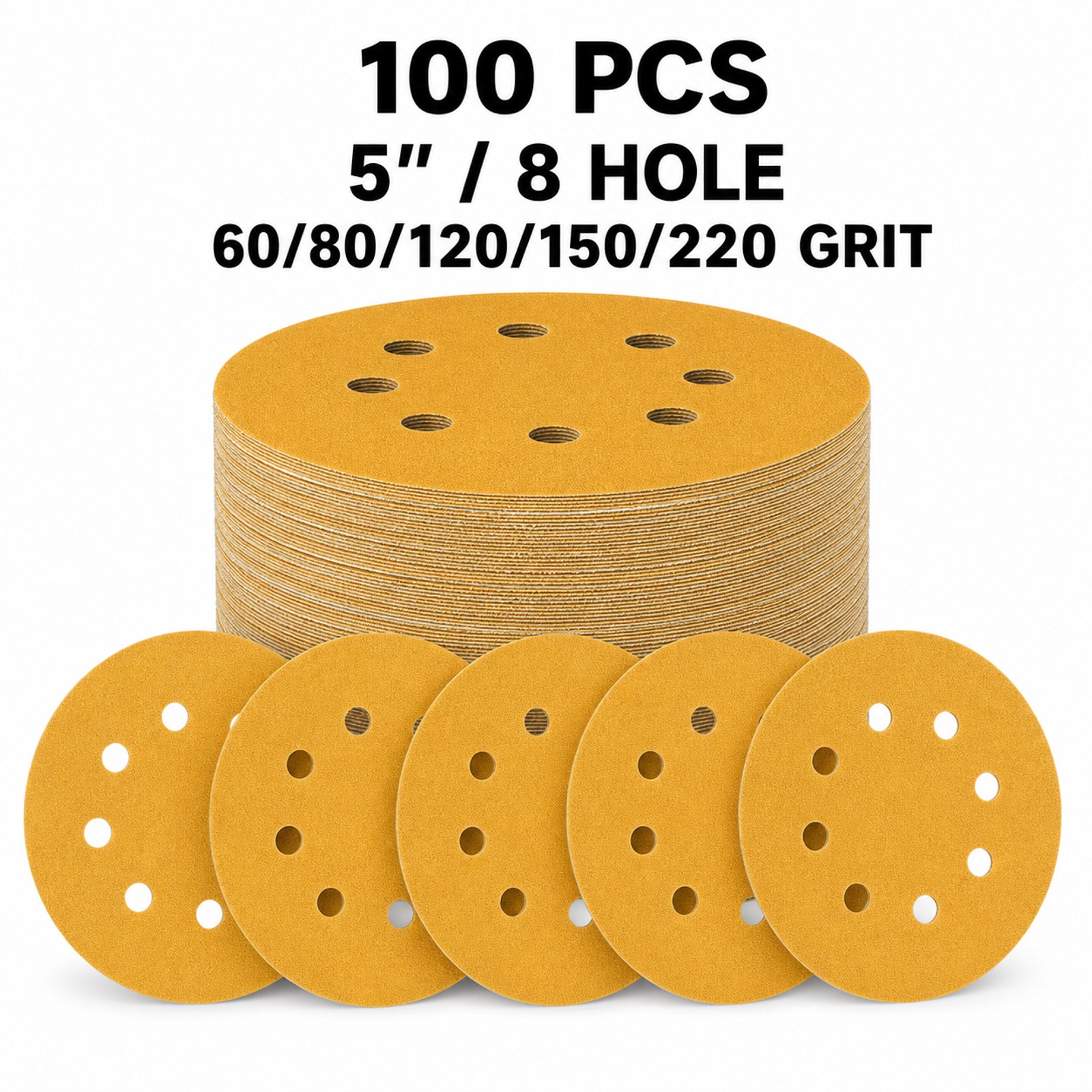 100PCS 5in 8-Hole Hook Loop Sanding Discs 60/80/120/150/220 Grit Orbital Sander