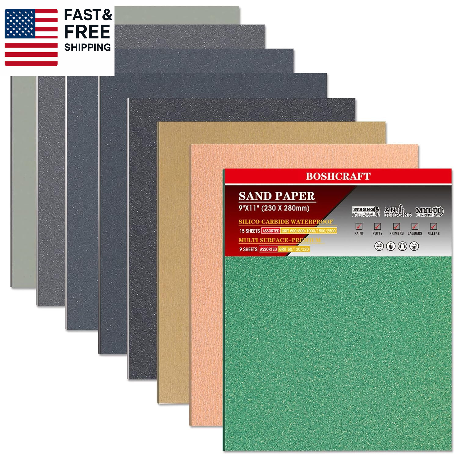 24 Pcs Sandpaper, Wet & Dry Sandpaper Assortment 60/120/320/600/800/1000/1500/25