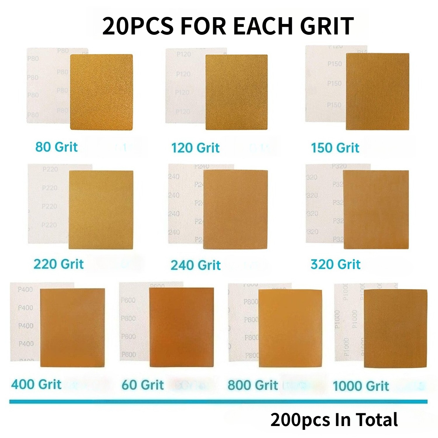 SATC 200PCS 4-1/2 x 5-1/2 in Gold Hook & Loop A/O Sandpaper Sheets 80-1000 Grit