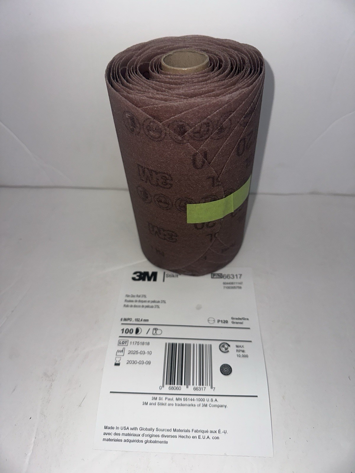 3M Stikit Film Disc Roll 375L, P120 3MIL, 6 in x NH, Die 600Z, 100 Discs/Roll