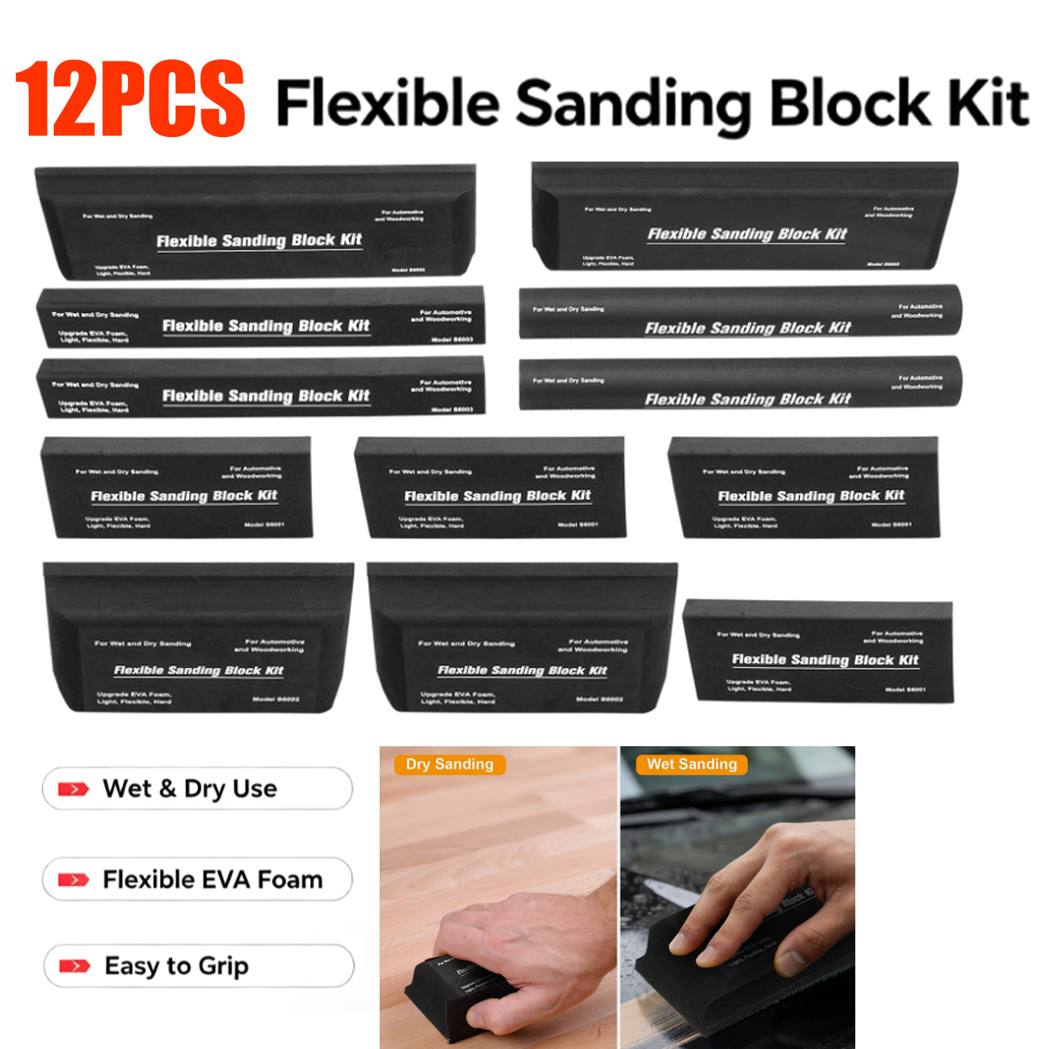 12x Sanding Block Kit Flexible EVA Wet Dry Sanding Blocks for Auto Body Woodwork