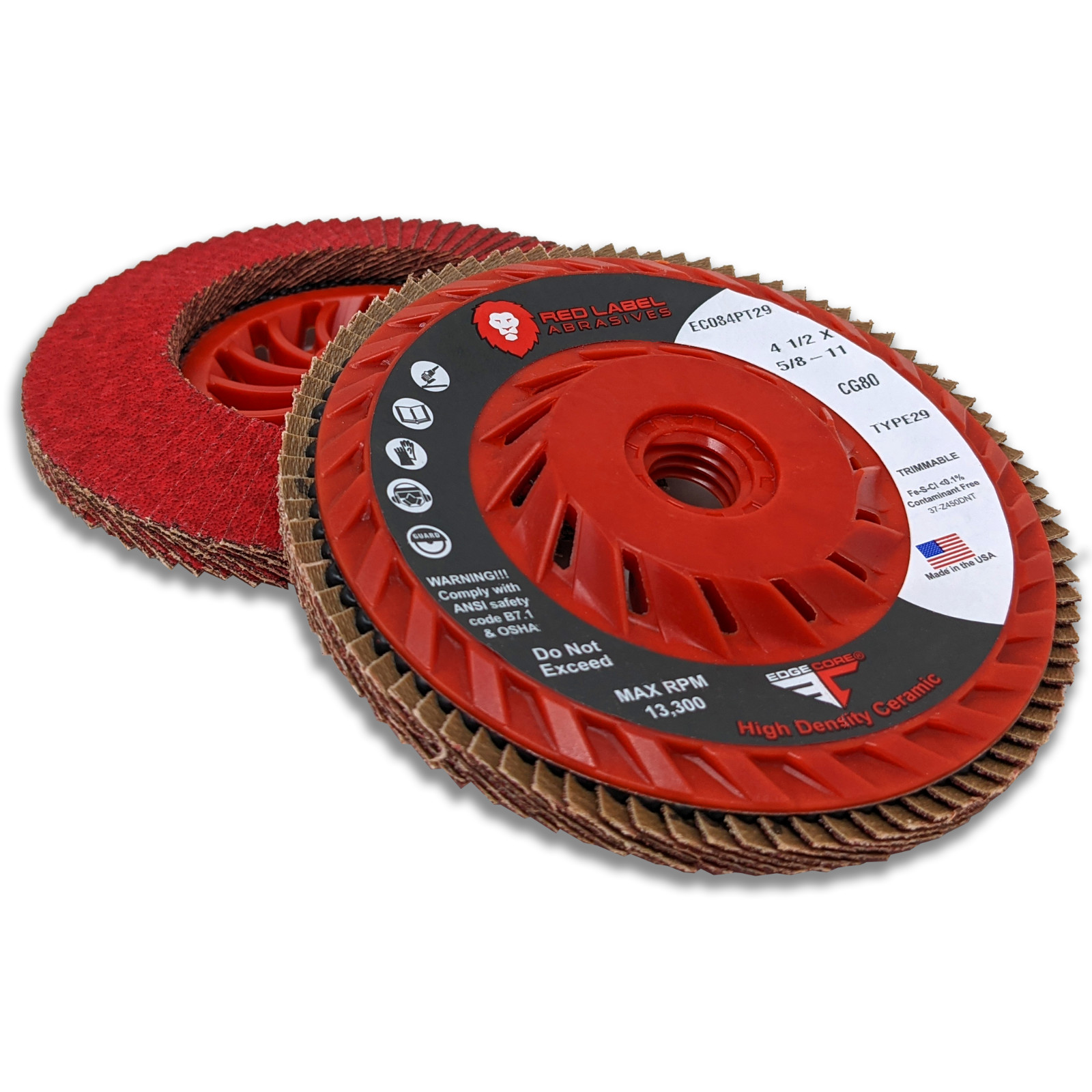EdgeCore Ceramic 60 Grit High Density 4 1/2 x 5/8-11 T29 Flap Discs 10-pack