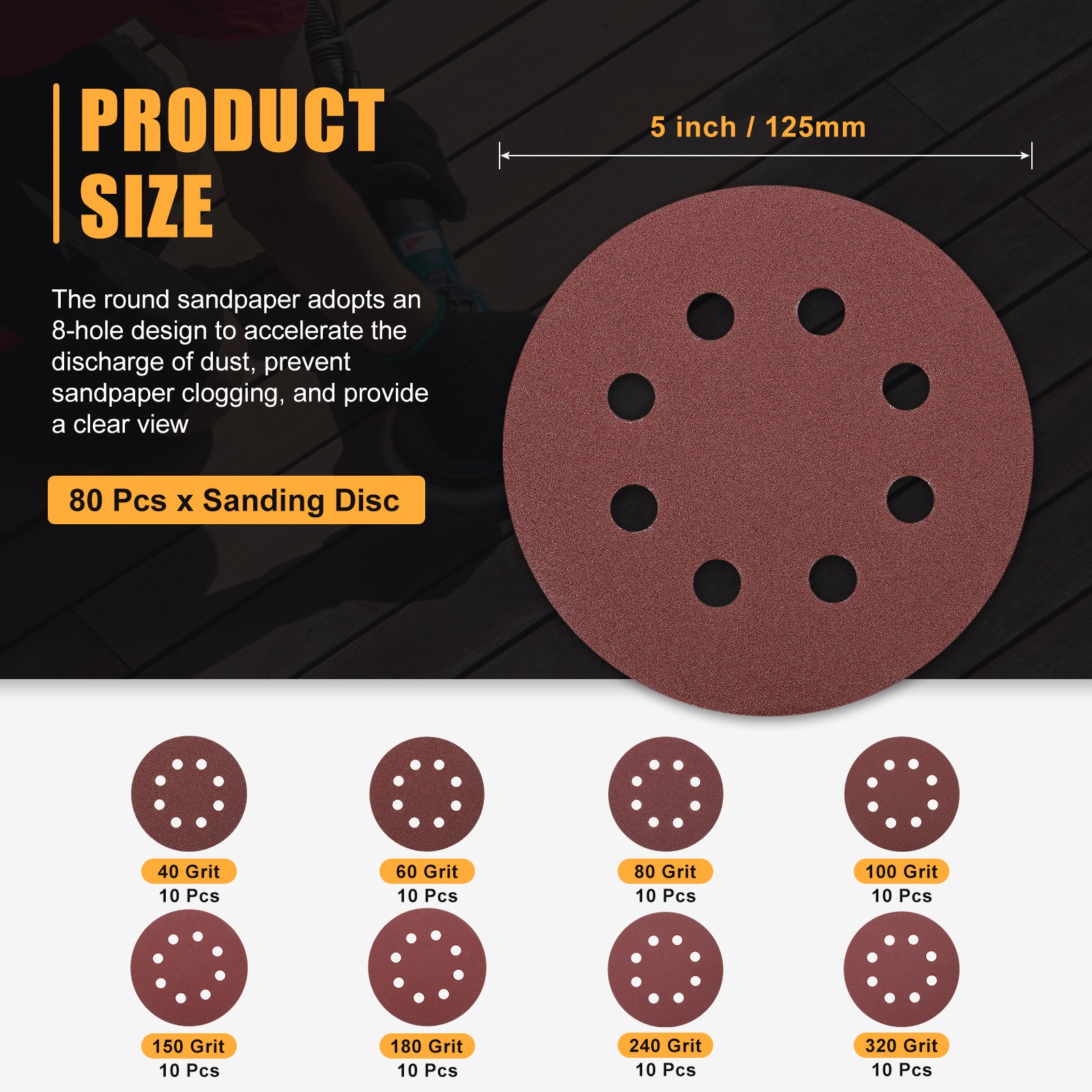 80 Pcs 125mm 5 Inch Sanding Disc 40/60/80/100/150/180/240/320 Grit 8 Hole
