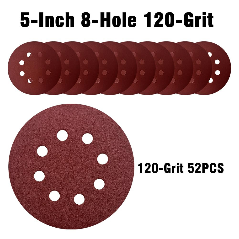 52 Pack 5 Inch 8-Hole Hook and Loop Sanding Discs Sandpaper Red round 120 Grit