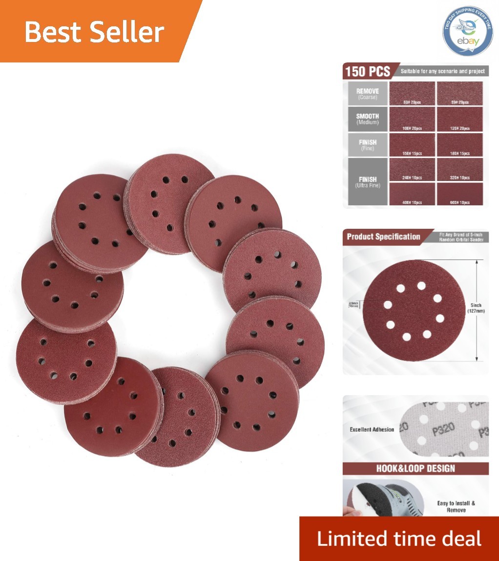 150 Sandpaper Discs – 10 Grits for Random Orbital Sanders, 8-Hole
