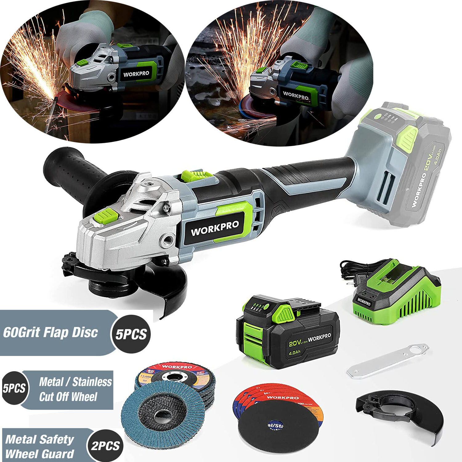 WORKPRO 20V Cordless Angle Grinder Kit Tool /Cut-Off Wheels Grit Flap Disc