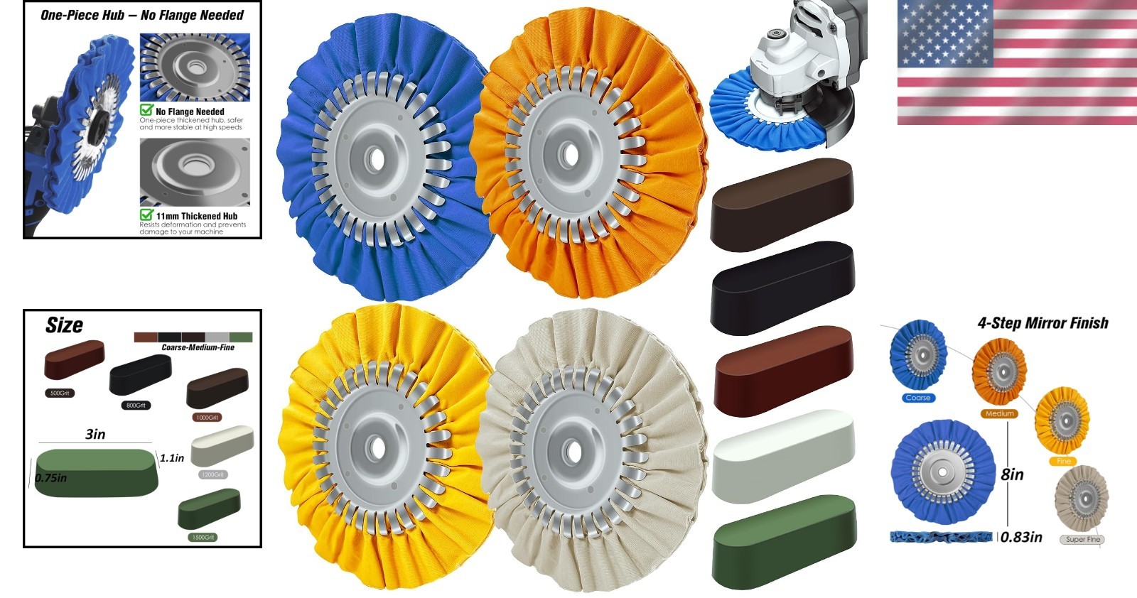 8″ Airway Buffing Wheel 9-Piece Polishing Kit for Angle Grinders, Max 6000 RPM