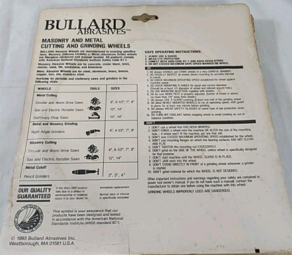 13 Bullard Abrasives Cutting Wheel 7″ Model 08703 Circular (New/Sealed) 1993