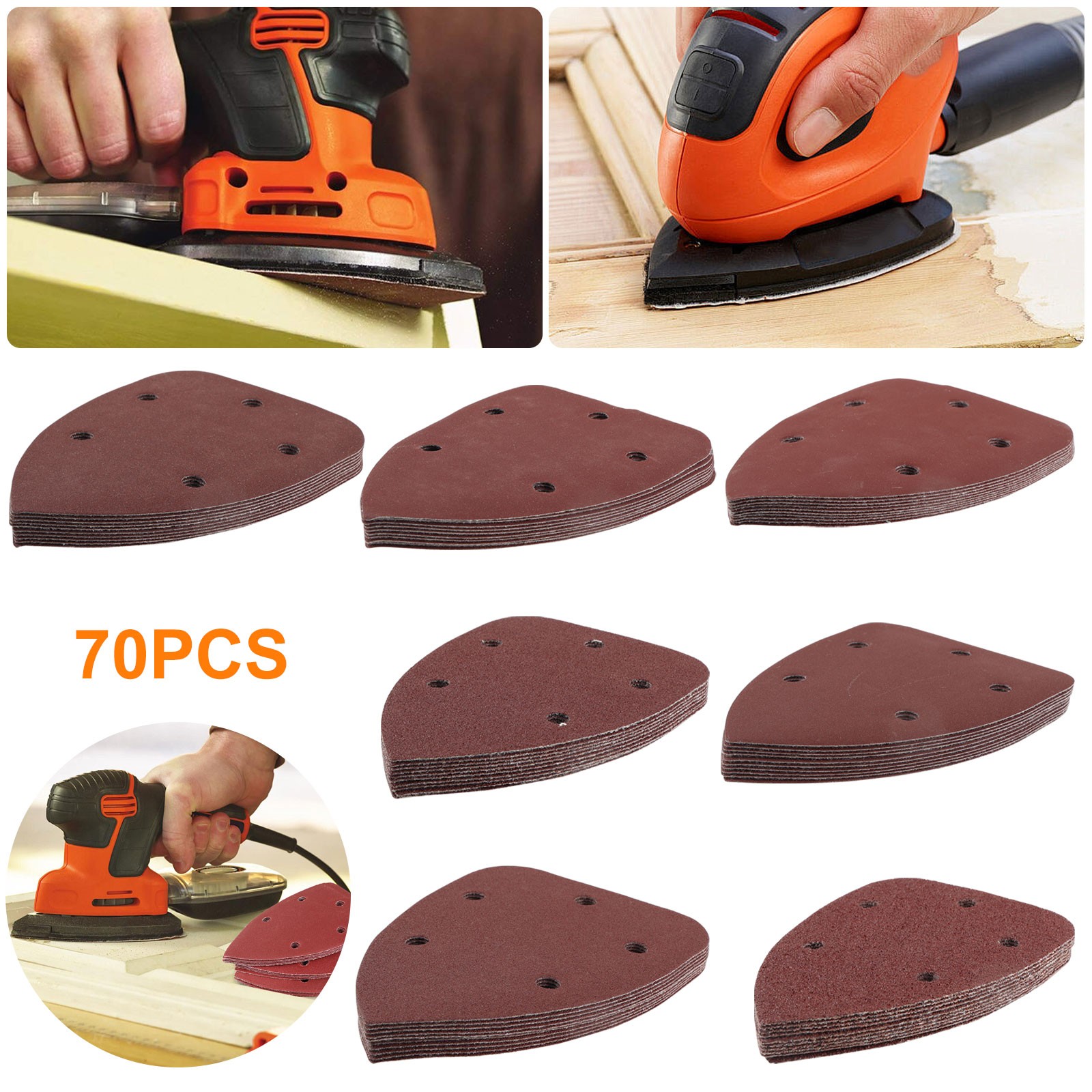 70pcs Mouse Detail Sander Sandpaper 5 Hole Hook & Loop Sanding Pads 40-600Grit