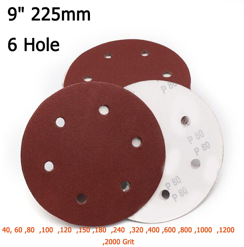 9″ 225mm 6 Hole Sanding Disc Hook & Loop Orbital Sandpaper Pads 40 – 2000 Grit