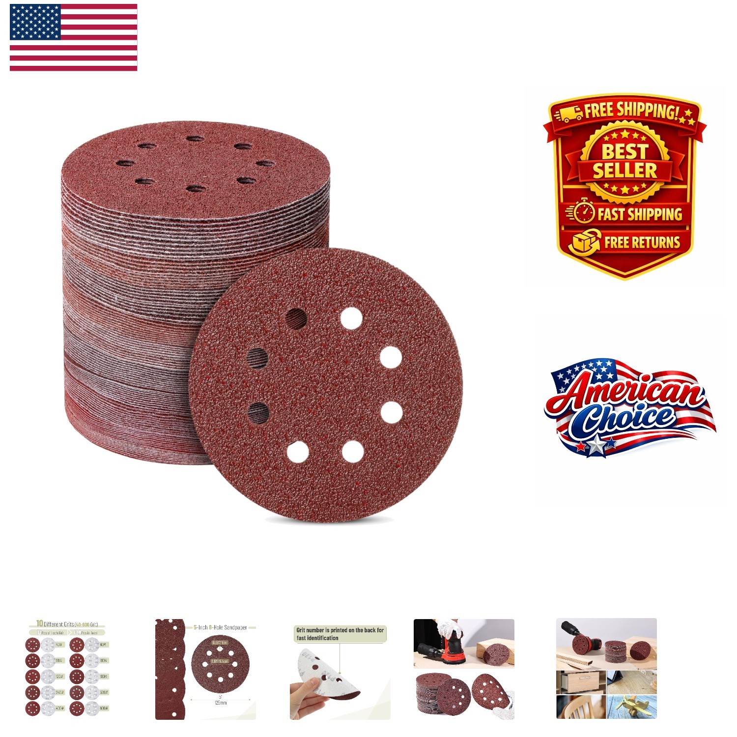 100-Pack Bates 5-Inch 8-Hole Sanding Discs – Ideal for Wood, Metal, Plastic