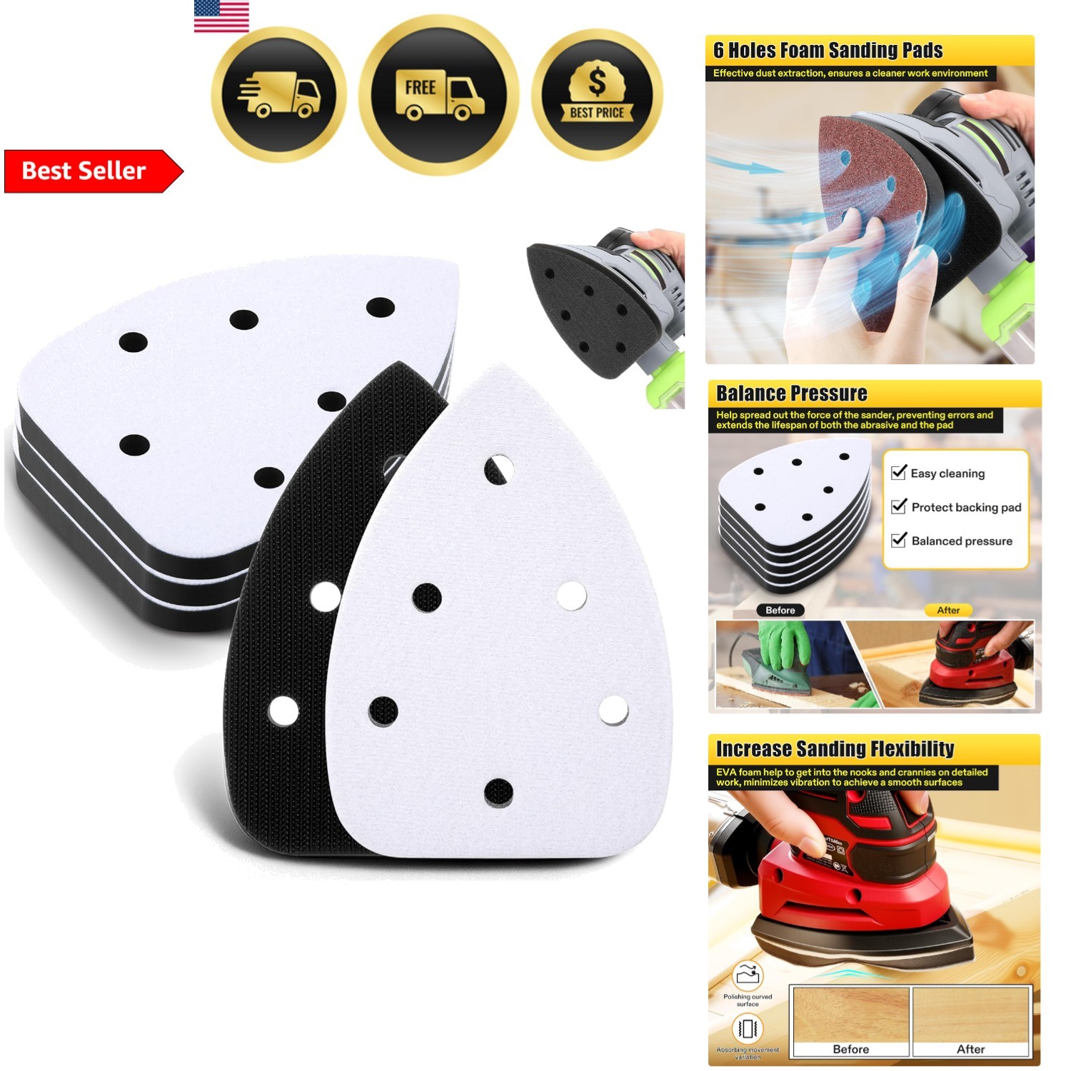 Foam Sanding Pads 6 Holes Mouse Detail Sanding Interface Pads for Sander