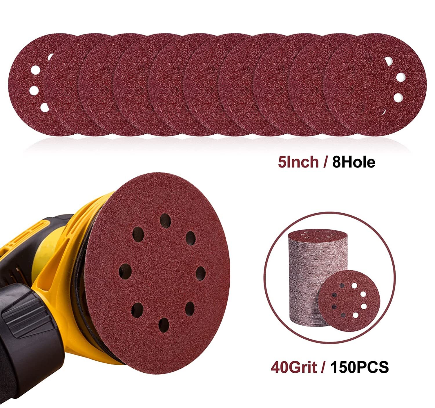 150x 5inch Sanding Discs 40 Grit Hook Loop 8-Hole Sandpaper Orbital Sander Paper