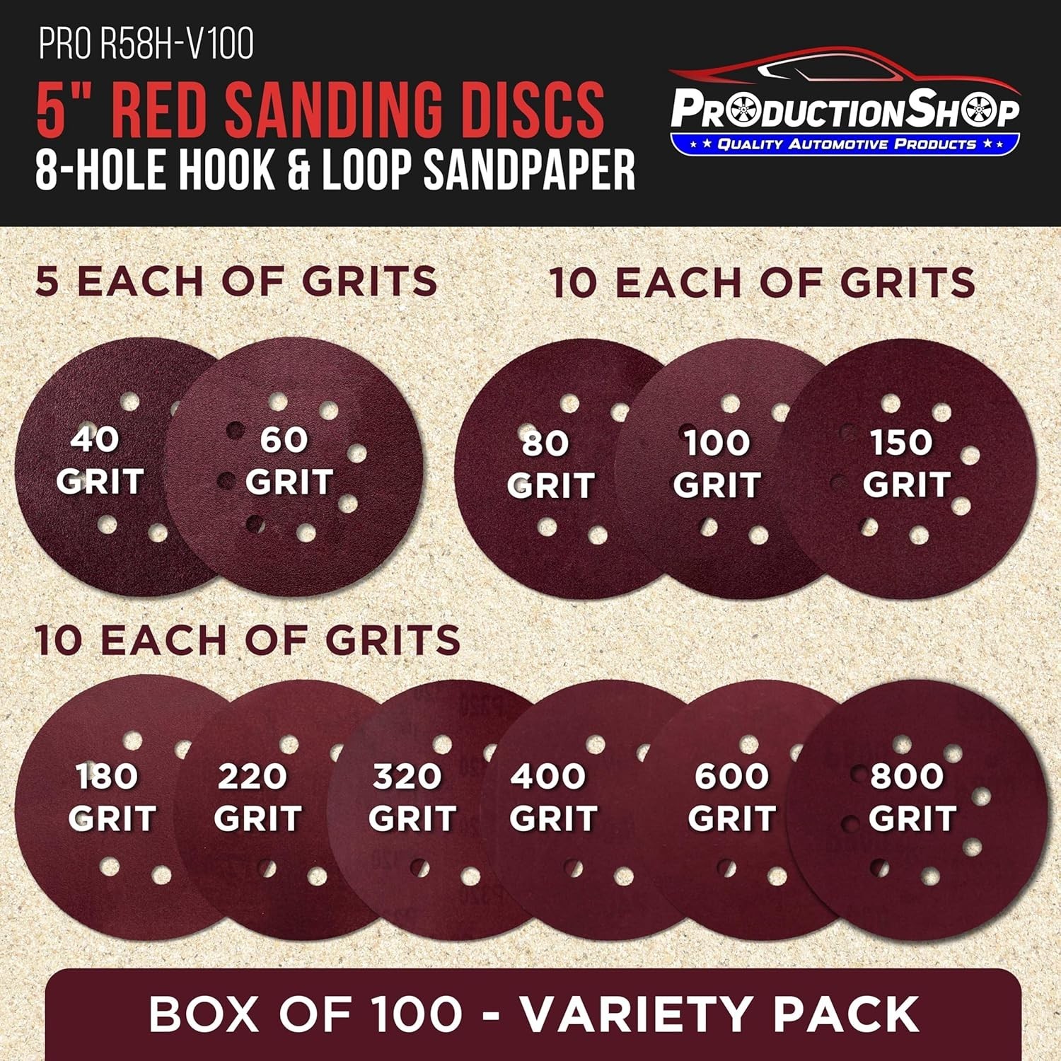 160 Pack 5 inch Sanding Discs 8-Hole Red Variety Pack Grit, Hook ,Loop Sandpaper