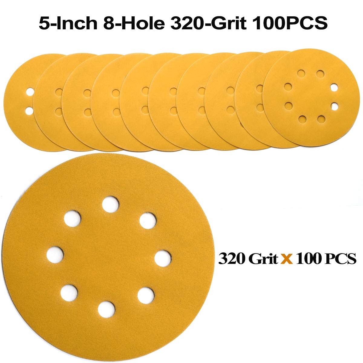 100Pcs 5″ Sanding Discs 320 Grit Hook Loop 8-Hole Sandpaper Orbital Sander Paper