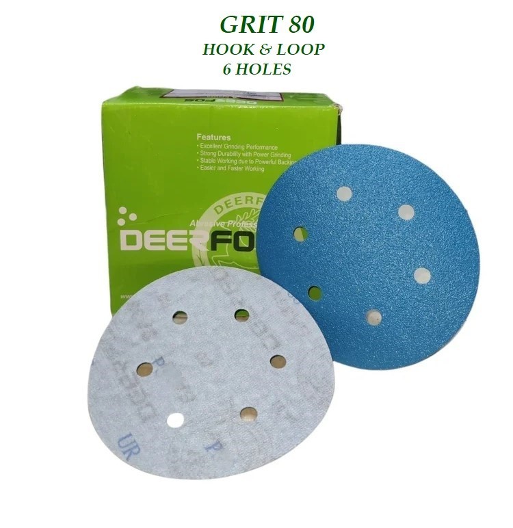 DEERFOS 6″ SANDING DISC GRIT 80 SAND PAPER HOOK & LOOP WITH 6 HOLES 10PCS
