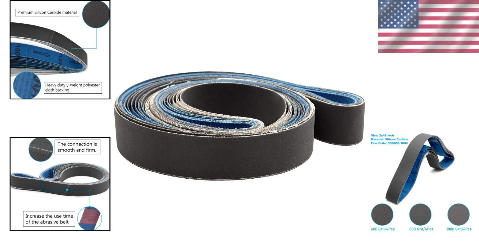 Versatile 2×42 Inch Silicon Carbide Sanding Belts – Assorted 600/800/1000 Grits