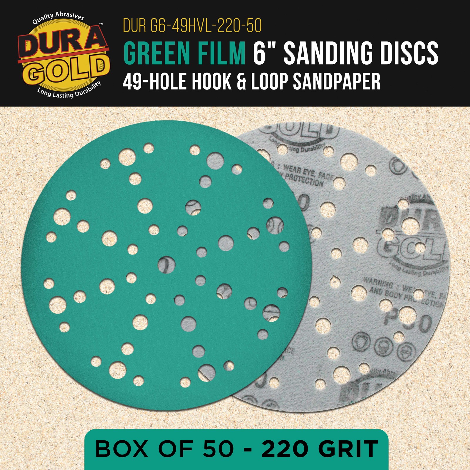 220 Grit 6″ Green Sanding Discs, 49-Hole, Box of 50 – Hook & Loop Sandpaper