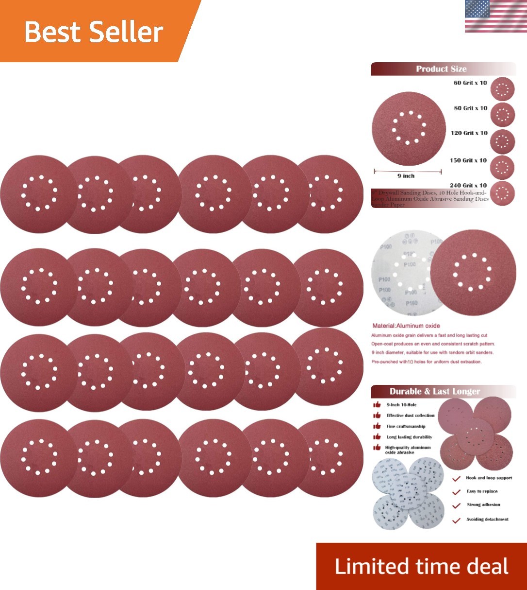 Versatile 50 PCS 9-Inch Sanding Discs – 60-240 Grits for Drywall Sander and More