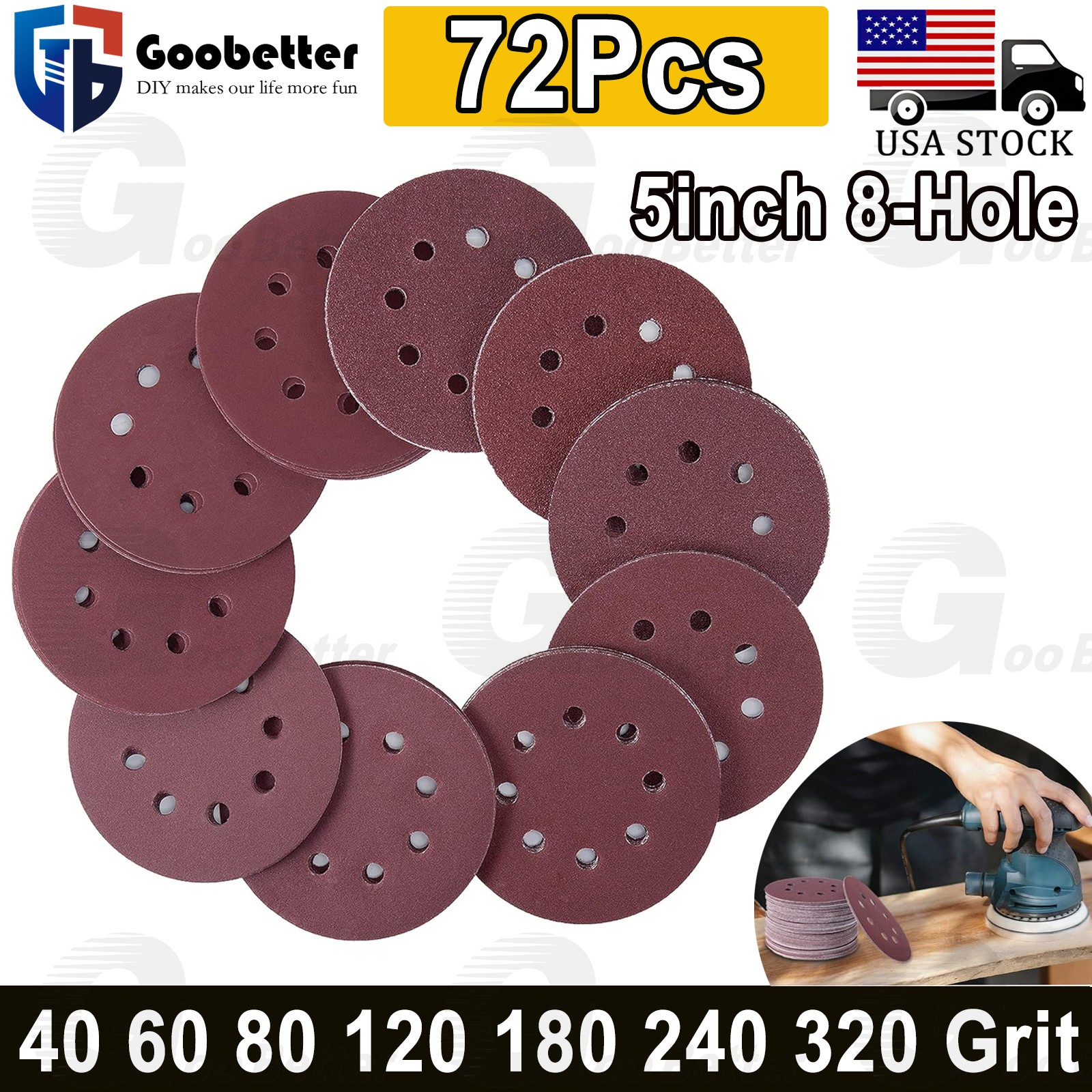 72pc 5in Sander Sanding Disc Pads 8 Hole Hook & Loop Sandpaper 40-300 Grit Mixed