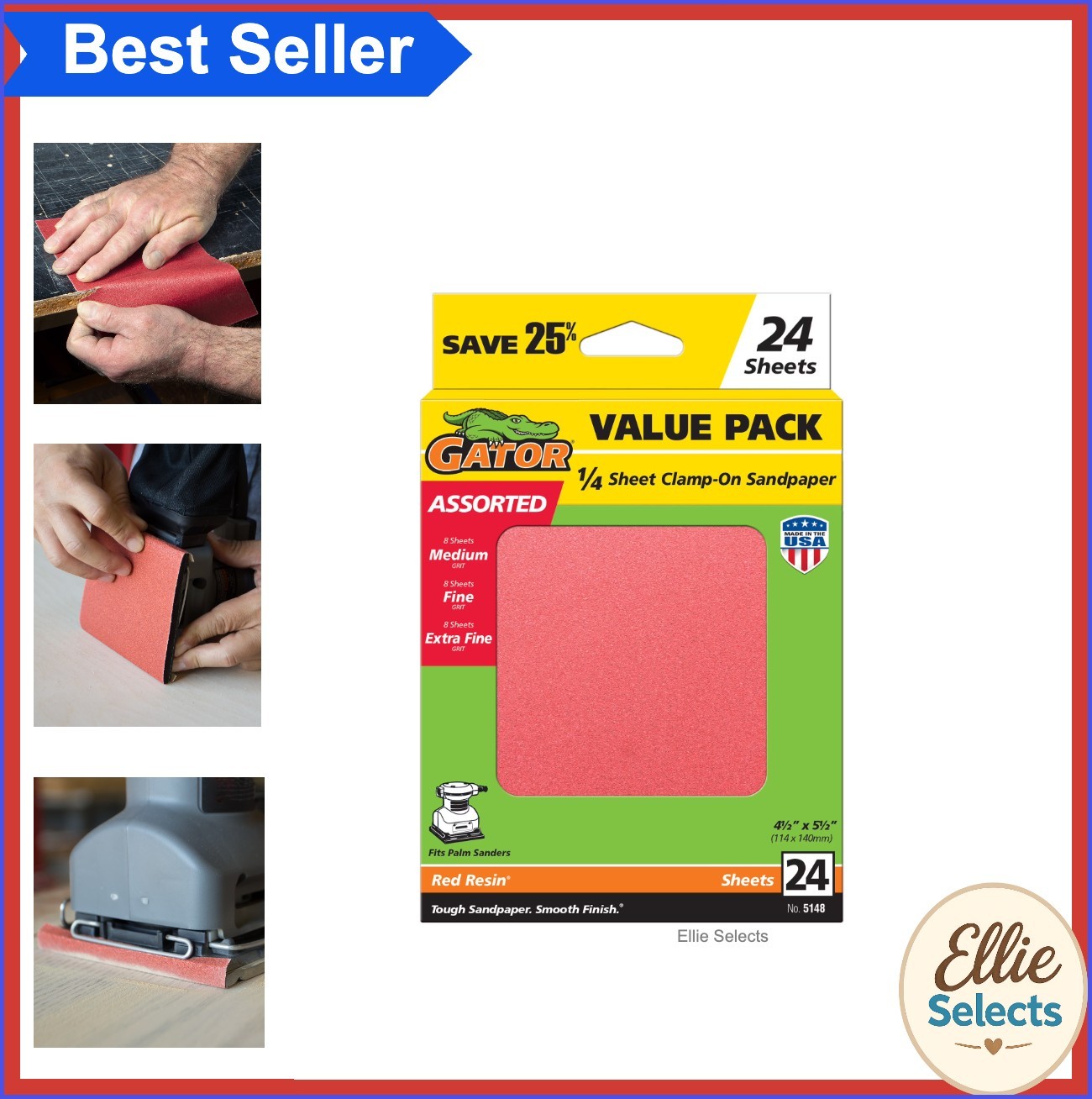 1/4 Sheet Sandpaper 24 Pack Assorted Grit Clamp On For Palm Sander Medium Fine