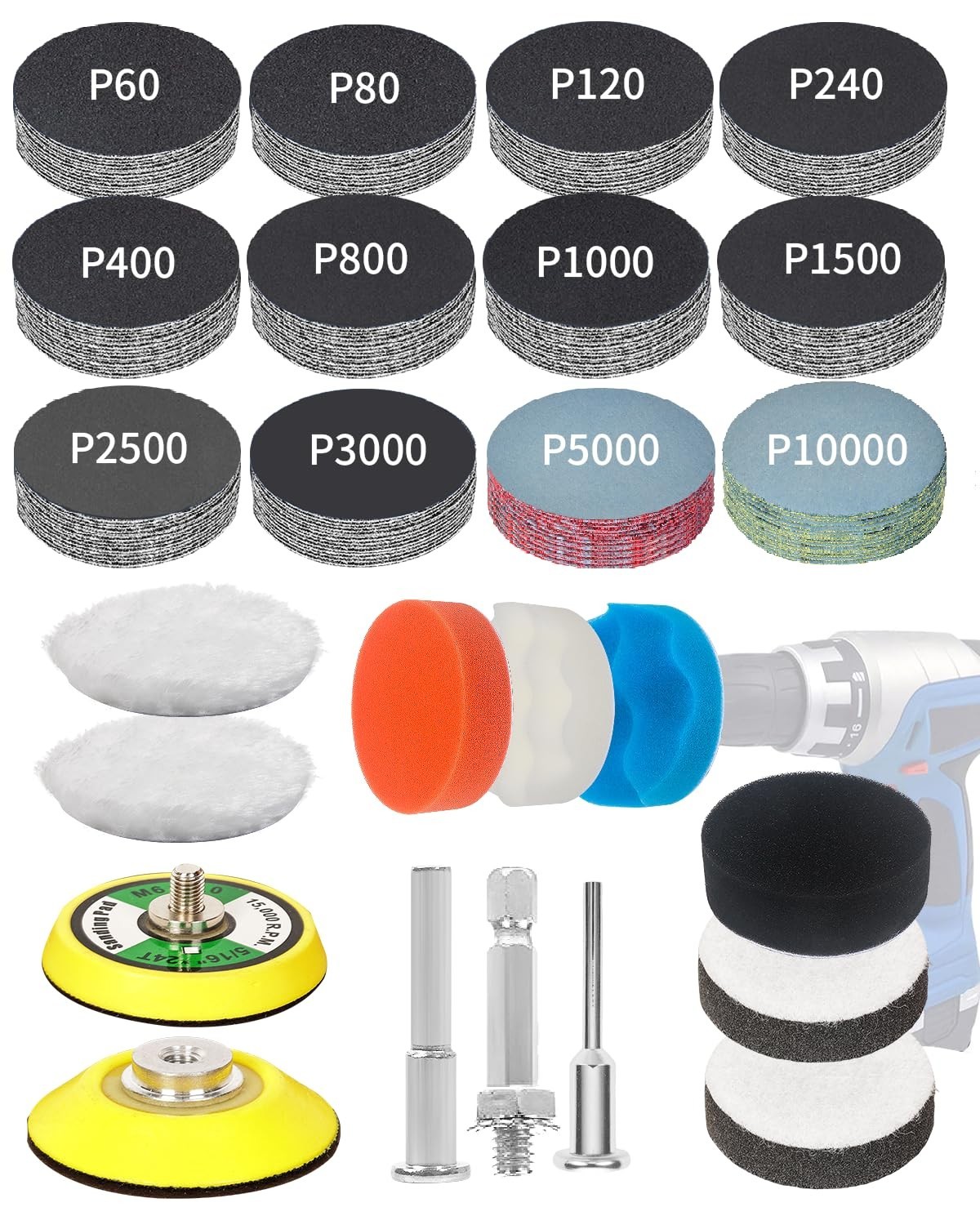 Complete 194 PCS Drill Polishing Kit with 12 Grits for Auto & Wood Restoration