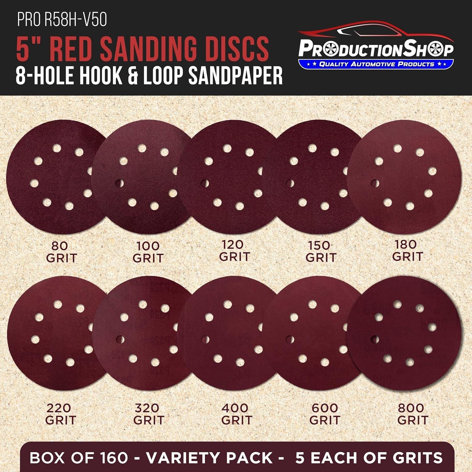 160 Pack 5 inch Sanding Discs 8-Hole Red Variety Pack Grit, Hook ,Loop Sandpaper