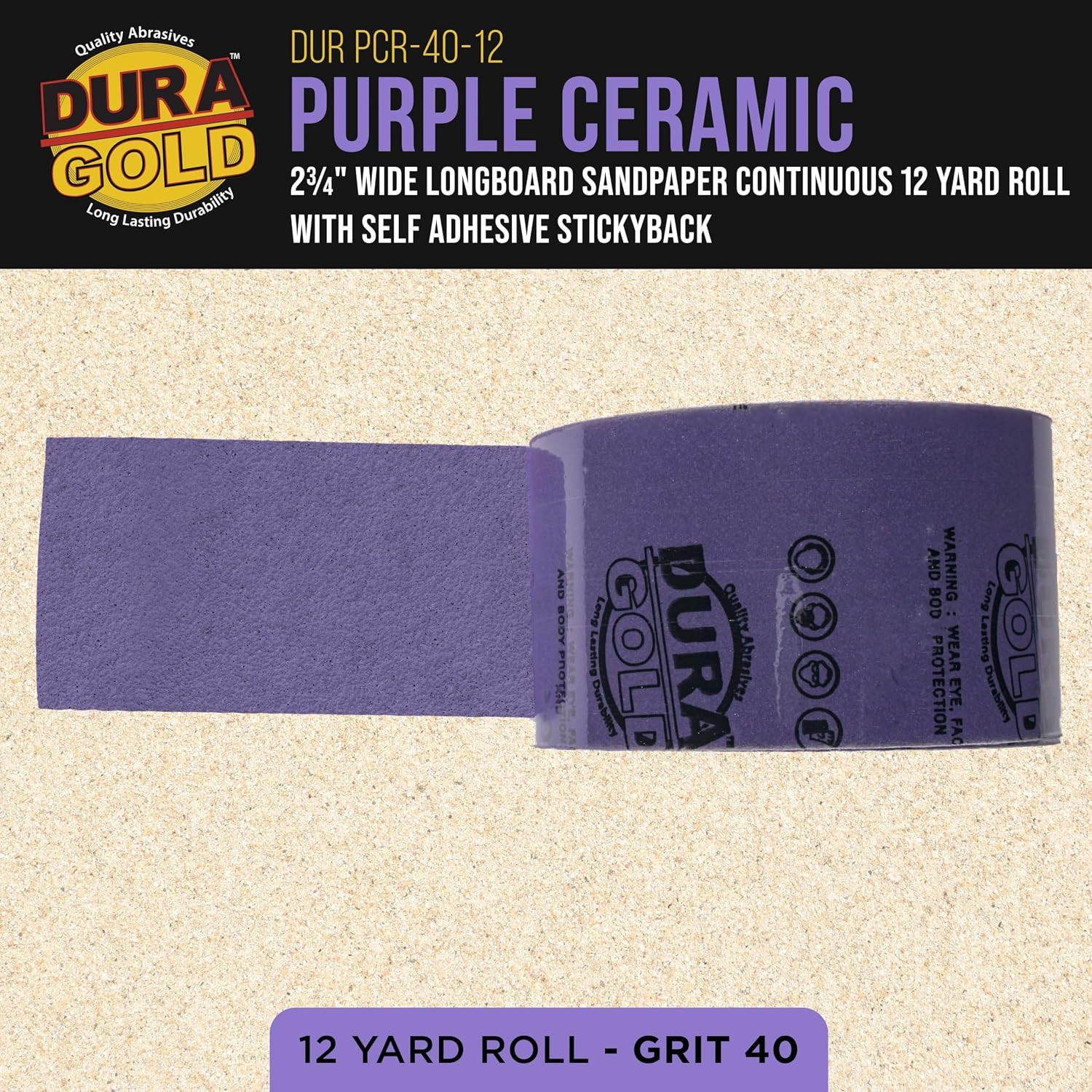 Dura-Gold Premium 40 Grit PSA Purple Film Ceramic Longboard Sandpaper, 2-3/4″ Wi
