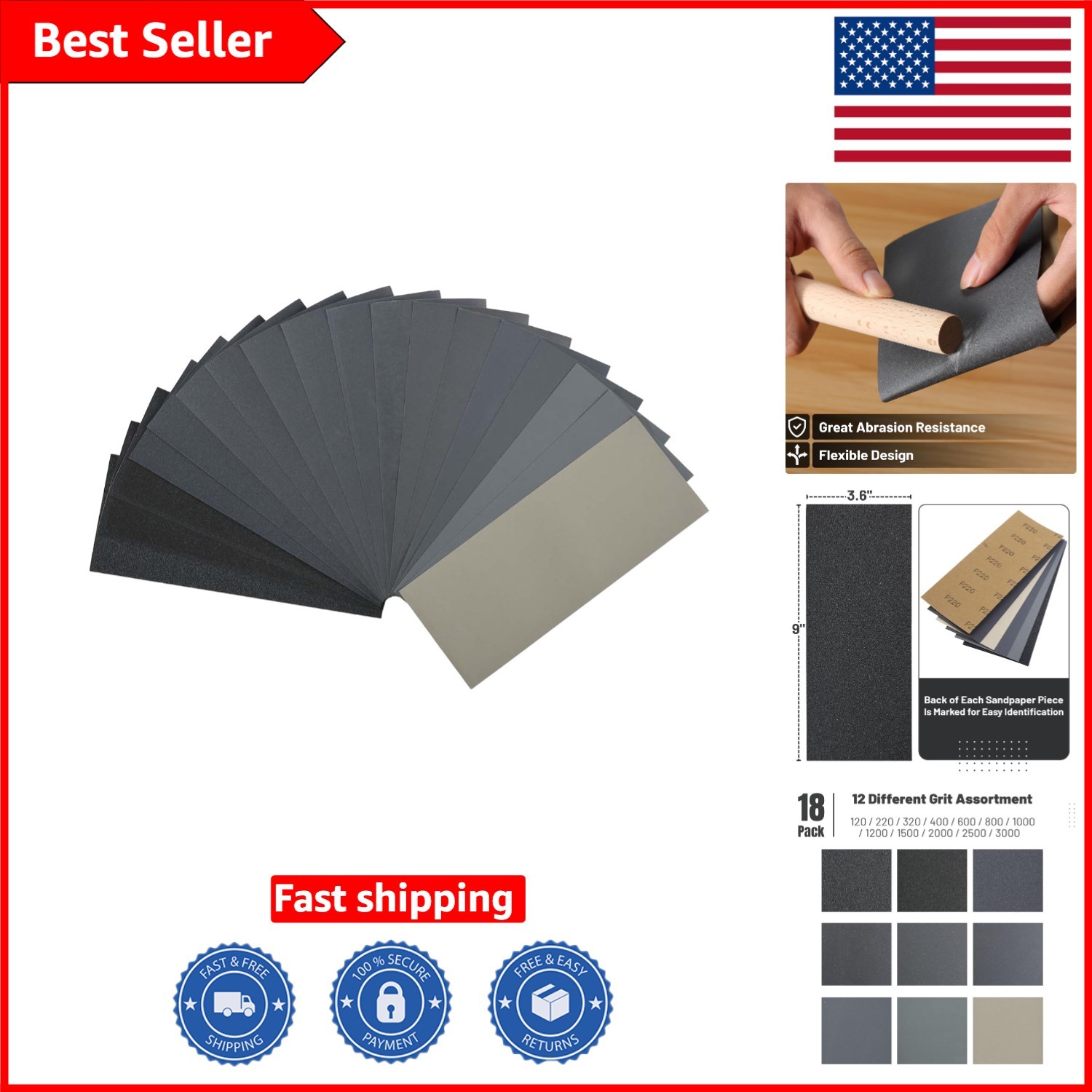 Bates 18 Pack Assorted Sandpaper – 12 Grits from 120 to 3000 for Versatile Fi…
