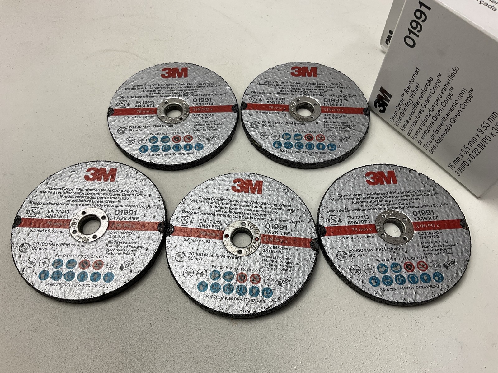 (5) 3M 01991 Green Corps Reinforced Weld Grinding Wheel 3″ X 0.22″ X 3/8″