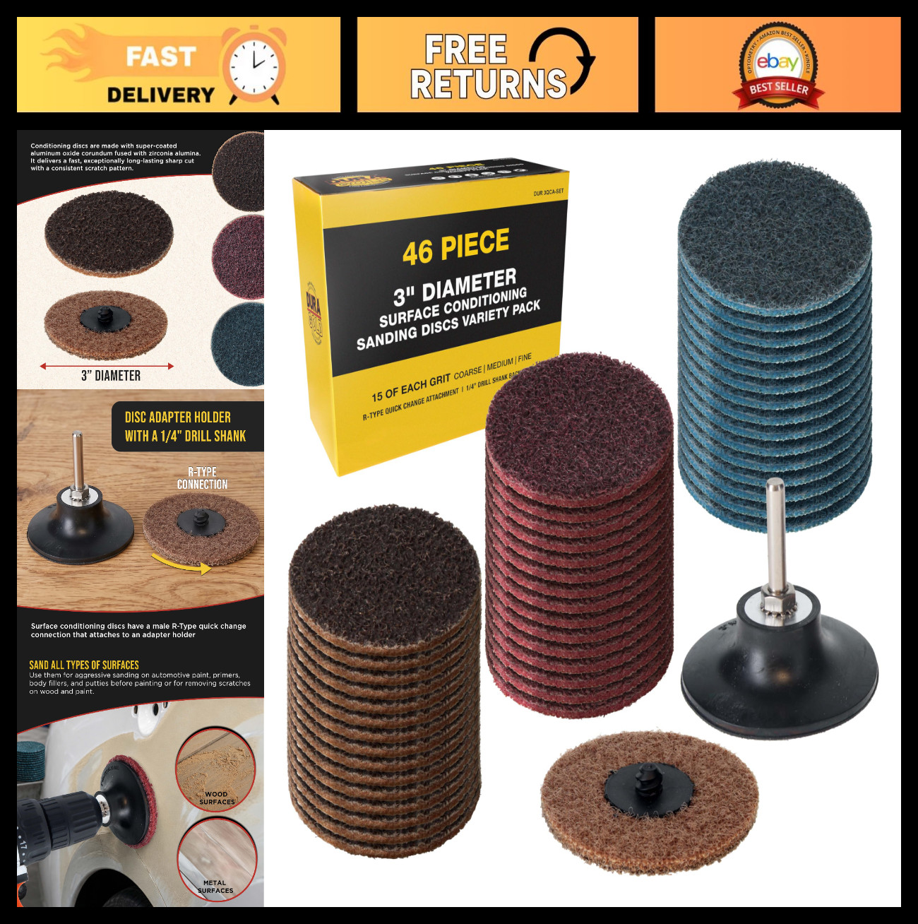 46-Piece 3″ Sanding Discs Variety Pack – Coarse, Medium, Fine Grit for Rust & Pa