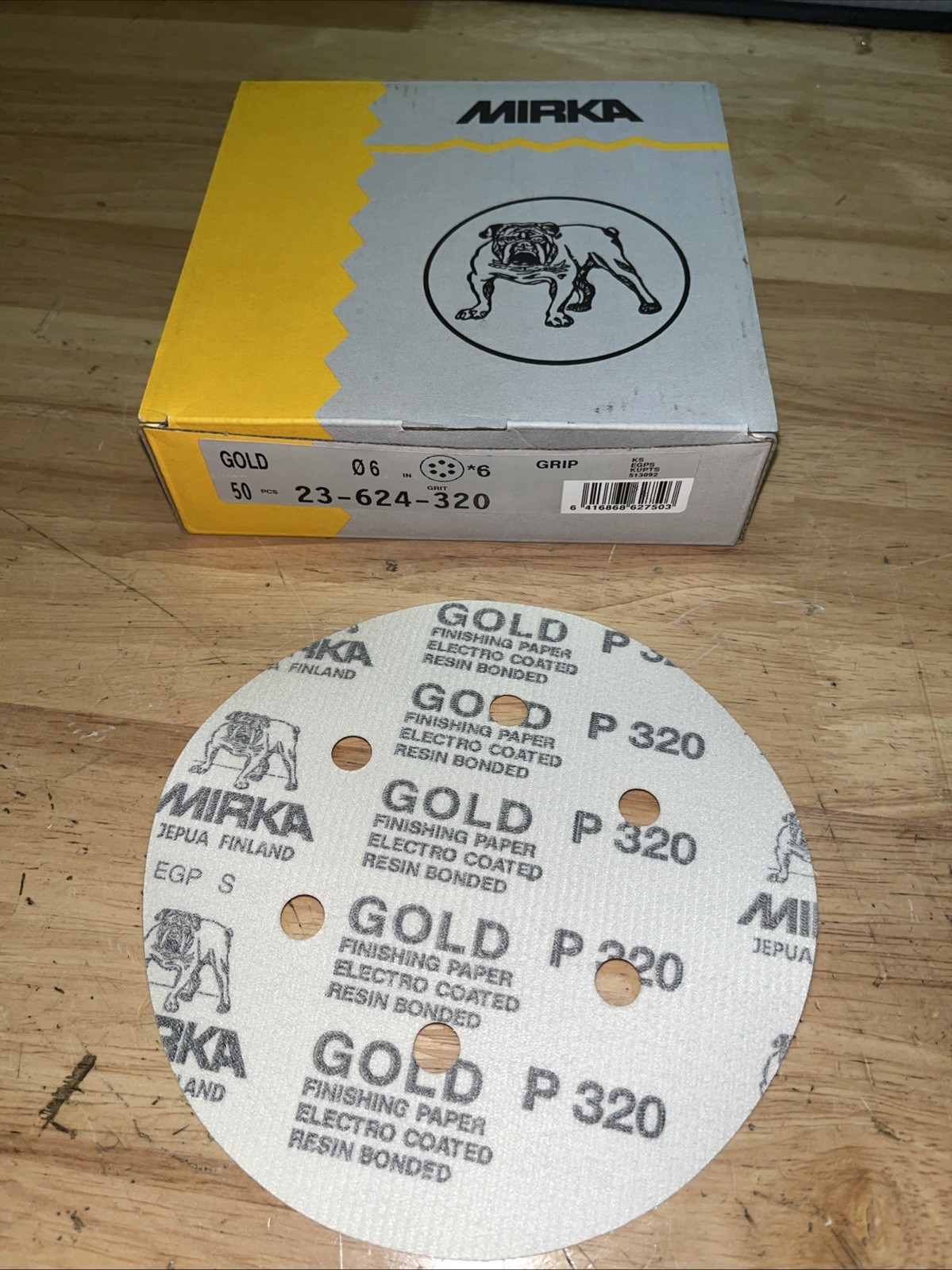 MIRKA 6″ GOLD SANDING DISCS 23-624-320, 6 HOLE, P320 GRIT. BOX OF 50. -NOS