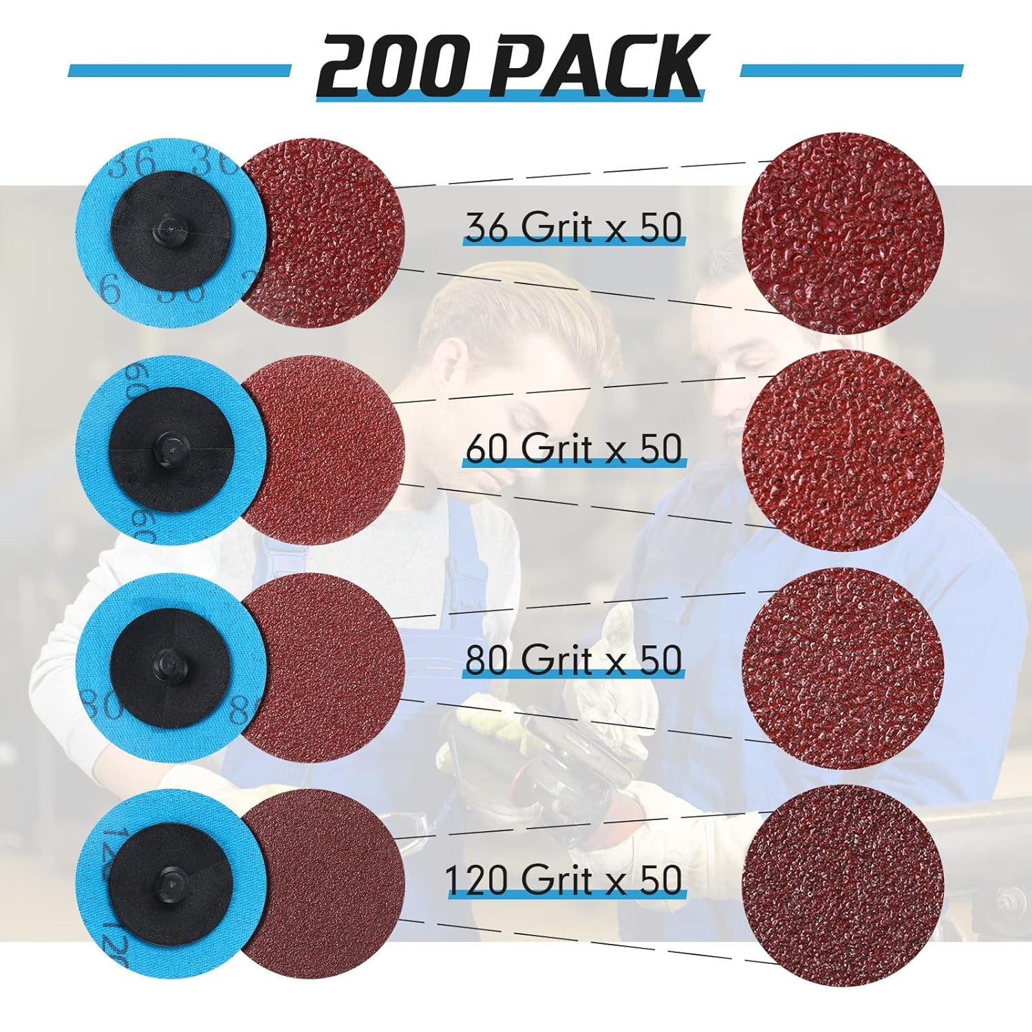200 Pcs 2 Inch Sanding Discs 36/60/80/120 Grit Discs Aluminum