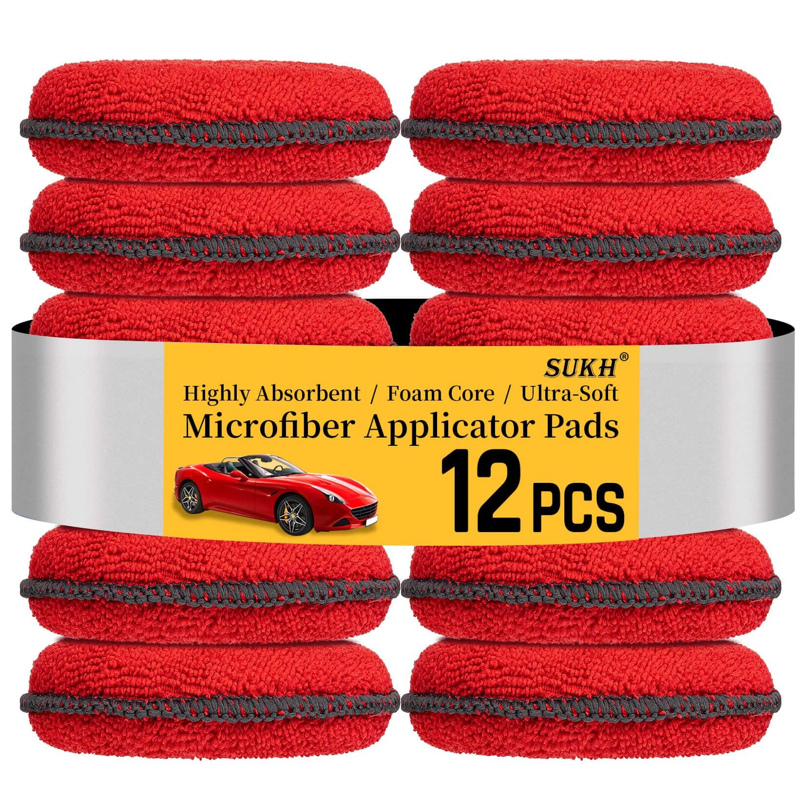 Sukh 12 Pack Microfiber Foam Car Wax Applicator Pad – 12PCS, Red