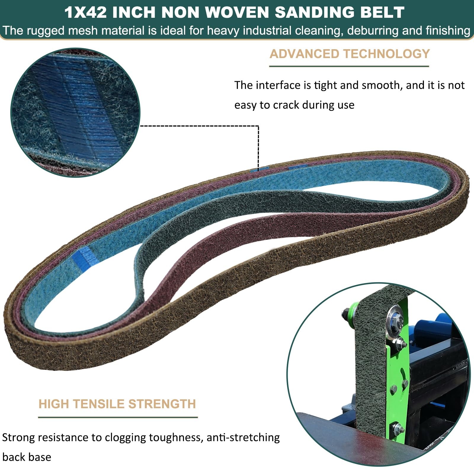3 Pack 1×42 In Non Woven Sanding Belts, Coarse, Medium, Fine, Sander, Metal
