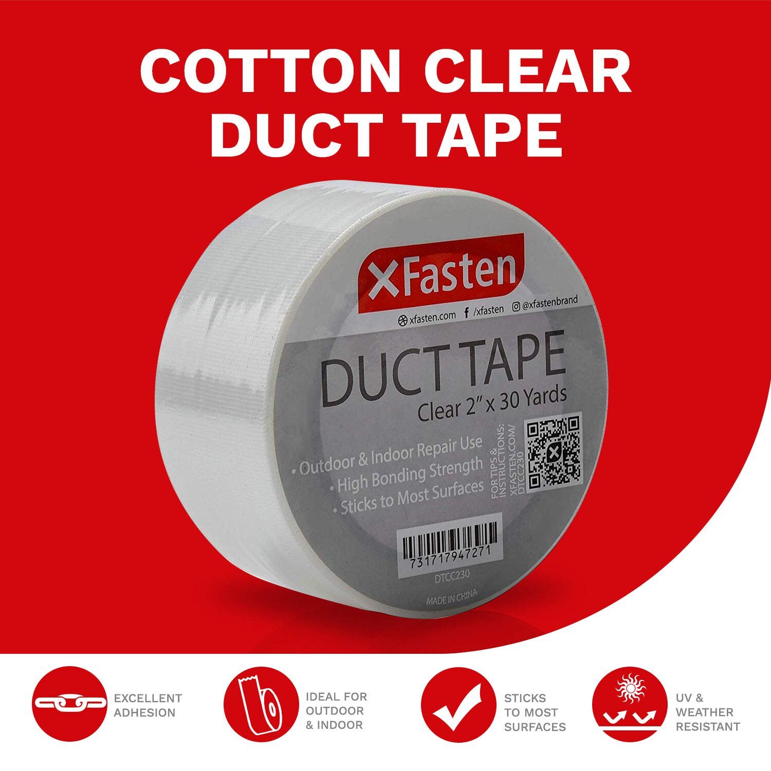 XFasten Duct Tape Clear Cotton Textile, 2-Inches x 30 Yards