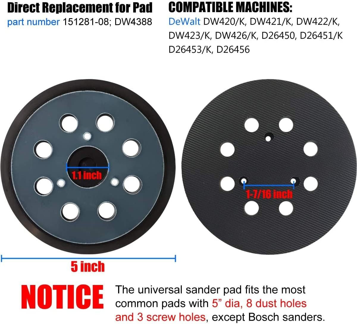 2 Replacement Sander Pads 5″ 8-Hole Hook Loop Sanding Pad fits Dewalt 151281-08