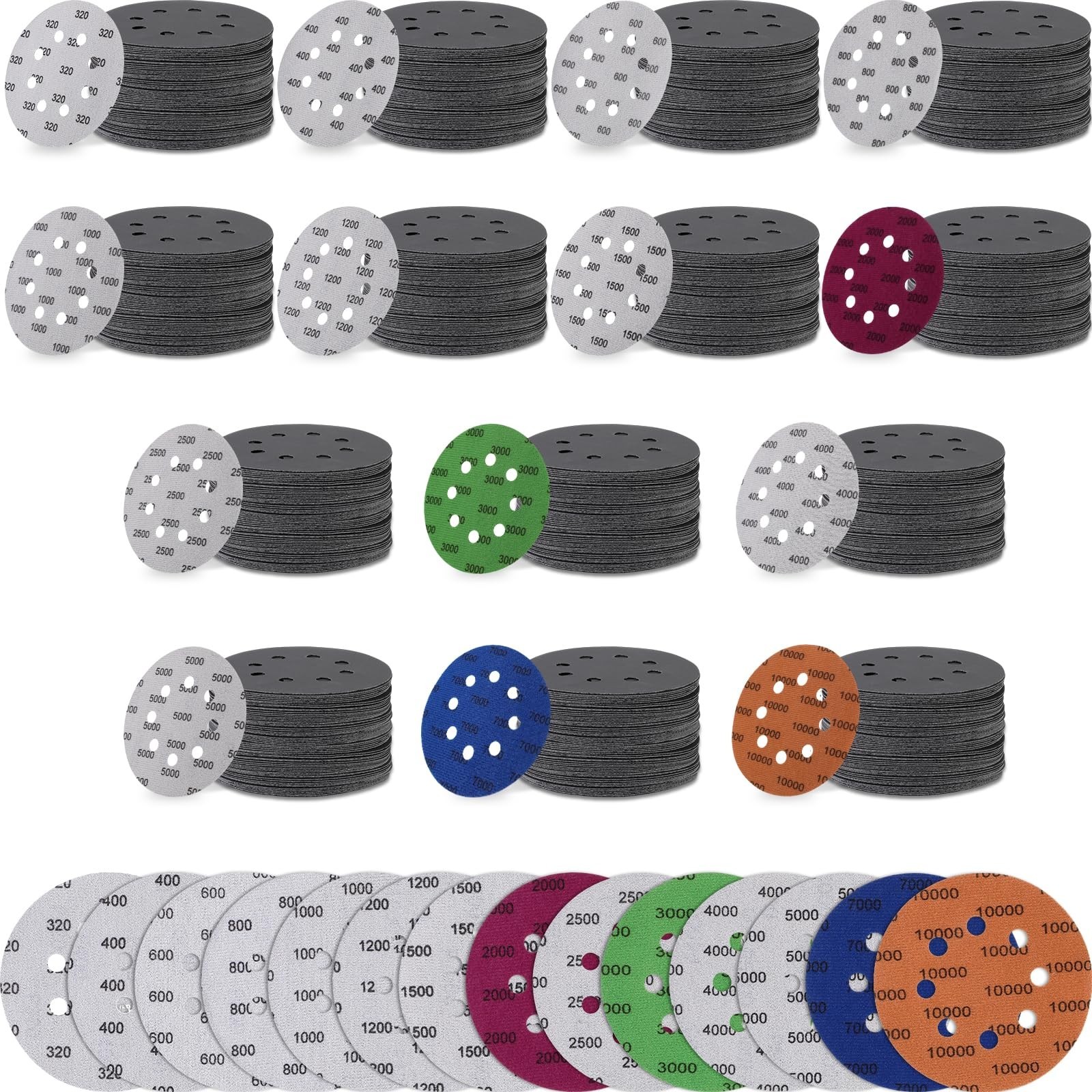 200 Pcs 5″ Hook & Loop Sanding Discs, Wet/Dry, Assorted Grits 320-10000, Orbital